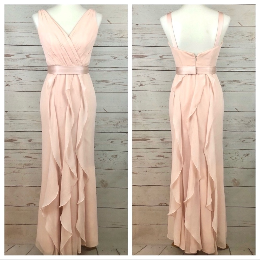 Vera Wang Blush Chiffon Formal V Neck Flange Maxi Bridesmaids Bridal Dress